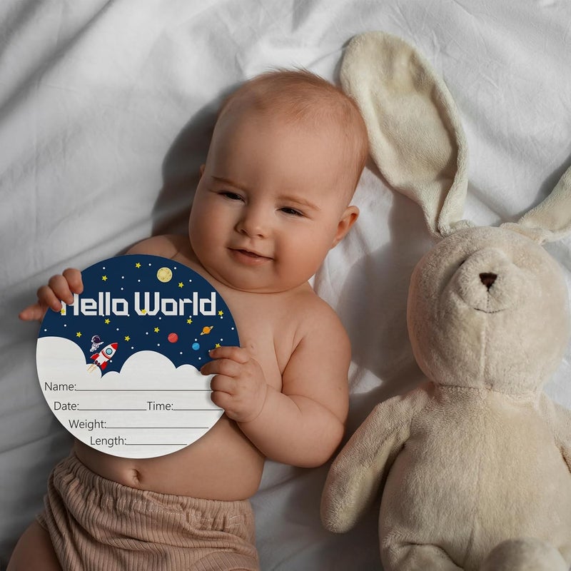 CLHHM Hello World Birth Announcement 6" Round Birch Wood Newborn Sign for Nursery Hospital & Baby Shower, Personalized Baby Name Plaque, Keepsake Décor Gift for New Parents (White Spaceship) - Image 3